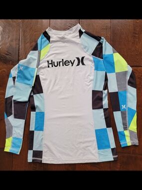 Hurley Long Sleeve Rash Guard - White with Blue & Neon Accents